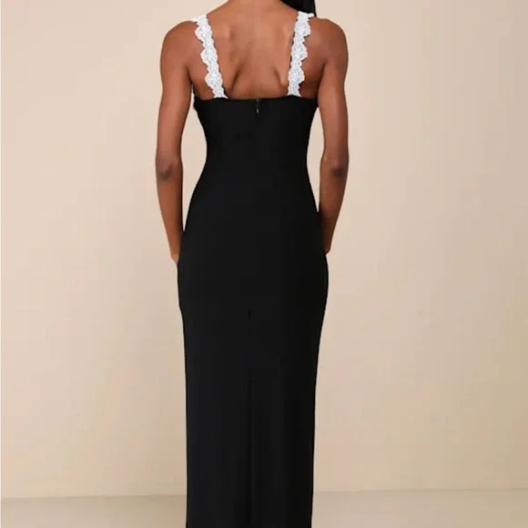 Lulu's Elegant Black Maxi Dress with White Lace - Picture 2 of 5
